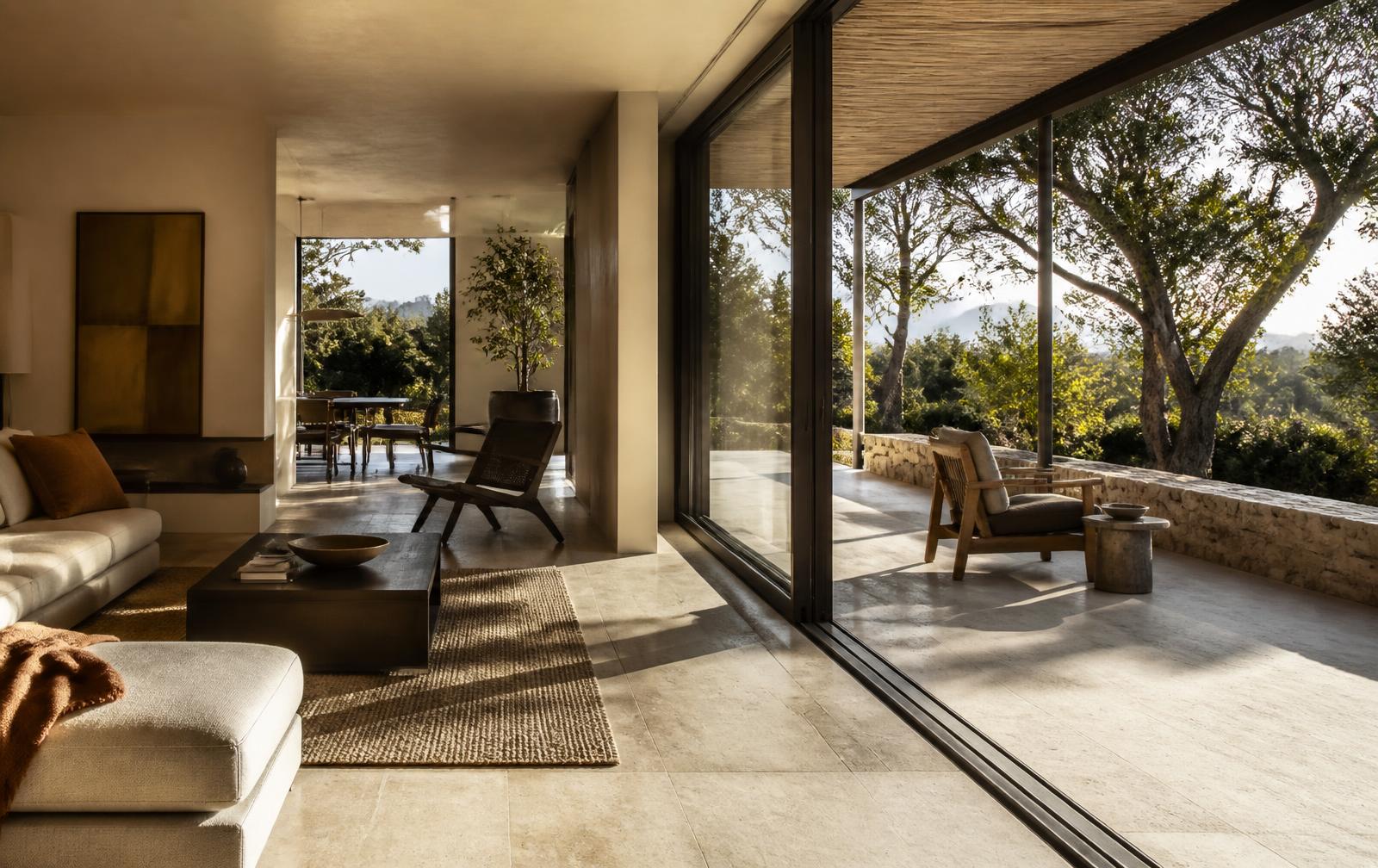 Salón que se abre a una terraza con grandes puertas correderas y pavimento continuo hacia el exterior