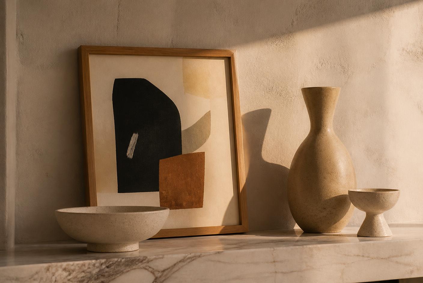 Pieza enmarcada abstracta junto a cerámicas artesanales sobre una repisa de mármol con luz de tarde
