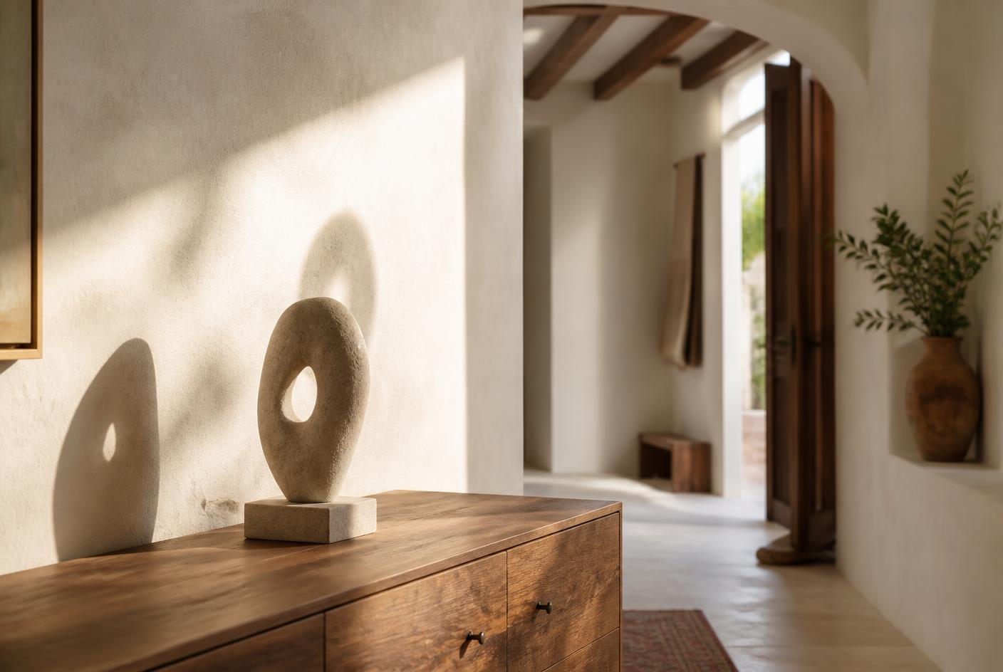 Escultura de piedra sobre una consola de madera en un recibidor luminoso con pared de estuco