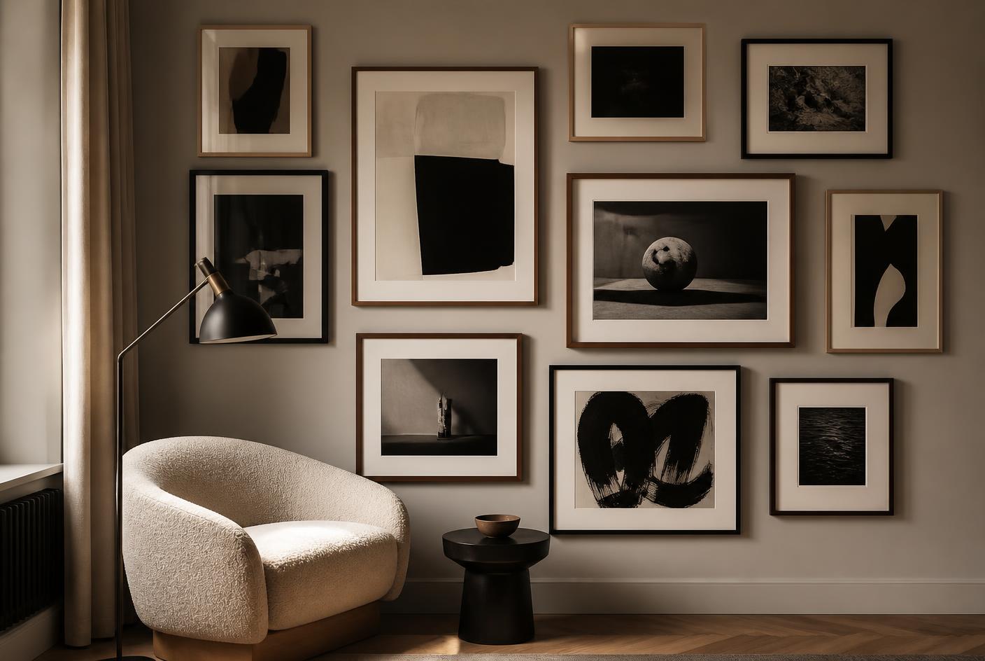 Pared con composición de láminas abstractas y fotografía enmarcada junto a una butaca y una lámpara de lectura