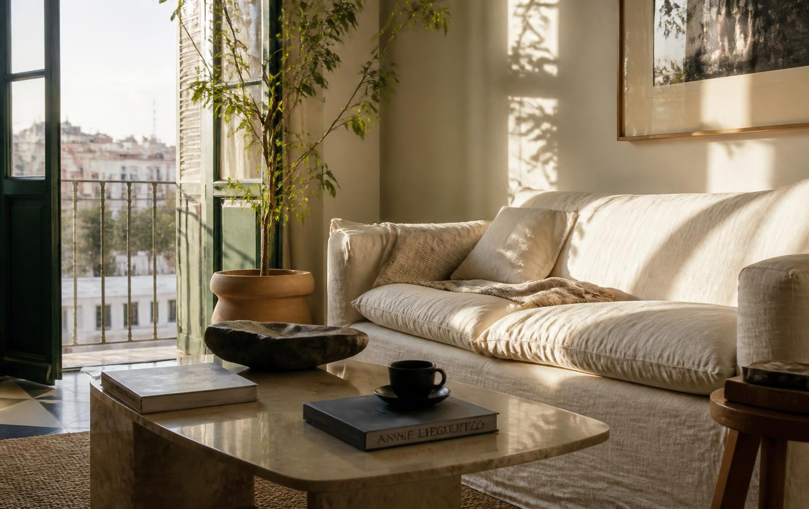 Salón luminoso con sofá de lino, planta junto al balcón abierto y libros sobre una mesa baja