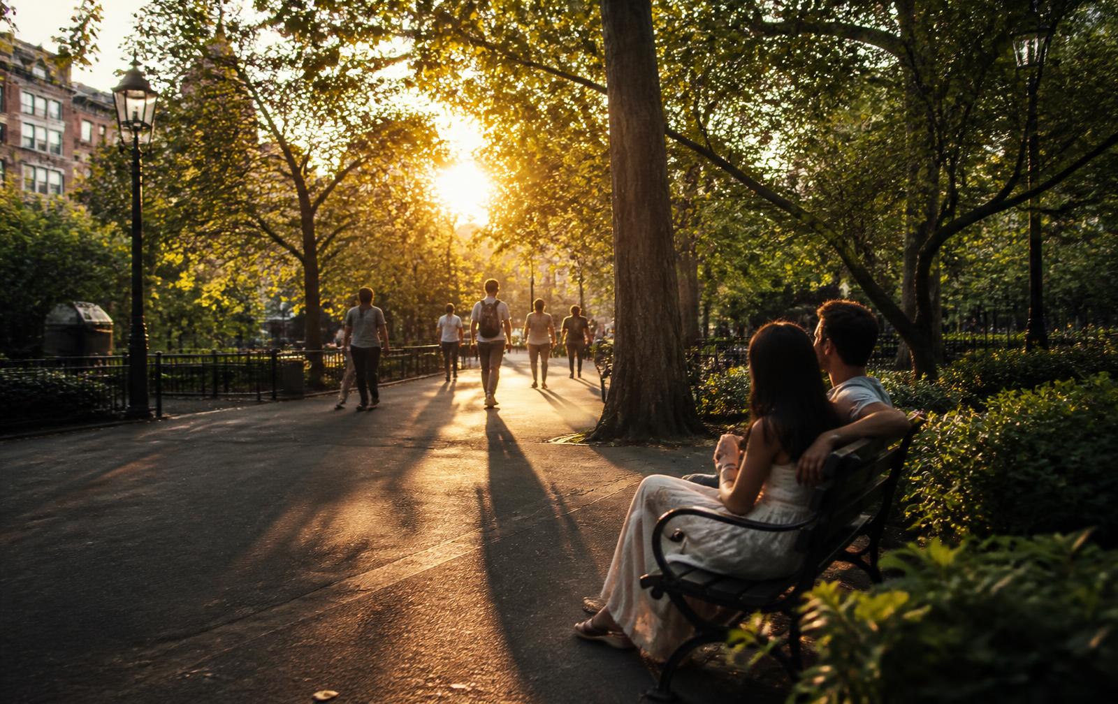Parque urbano al atardecer con personas paseando y otras sentadas en un banco