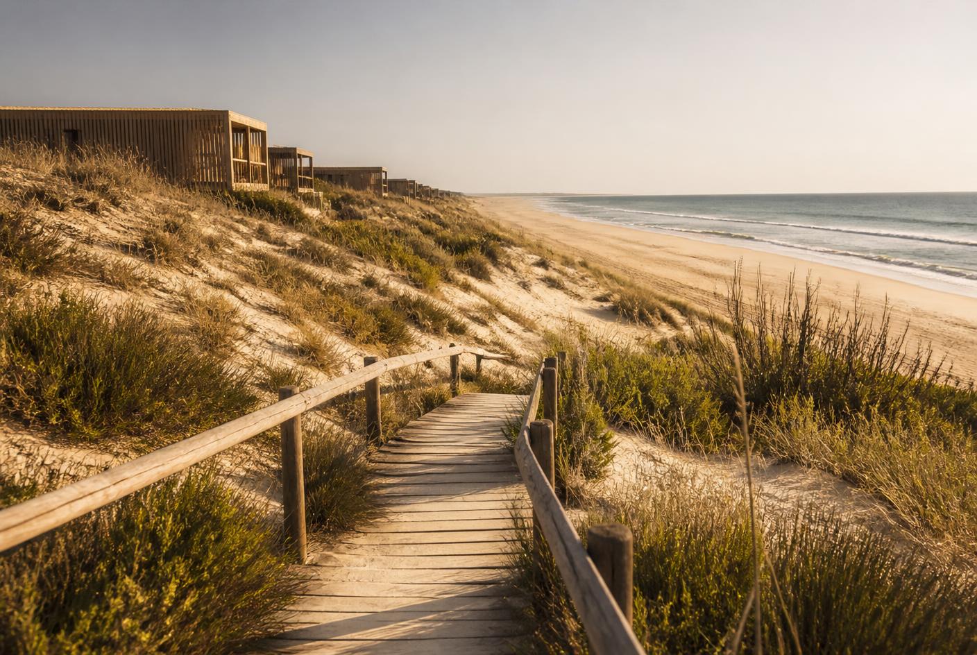 Pasarela de madera entre dunas hacia una playa atlántica larga y vacía en Comporta