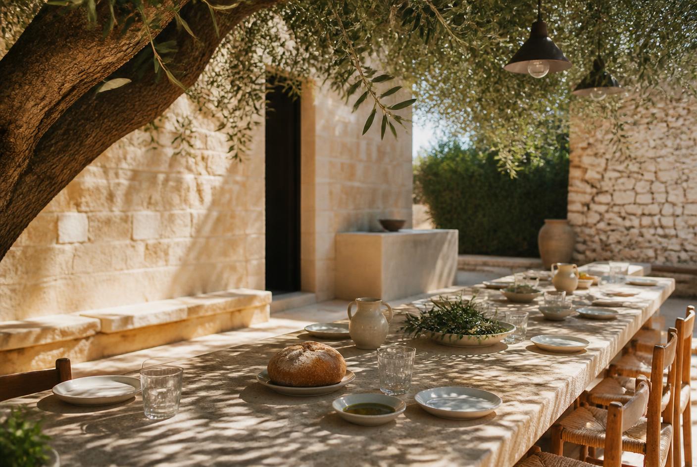 Mesa larga de piedra bajo un olivo en una masseria de Puglia, con pan, aceite y cerámica