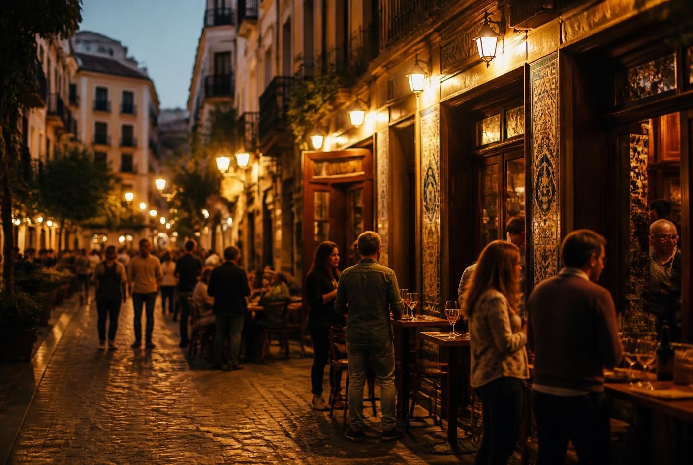 Ambiente nocturno en Cava Baja con tabernas iluminadas, azulejos y mesas altas en la calle