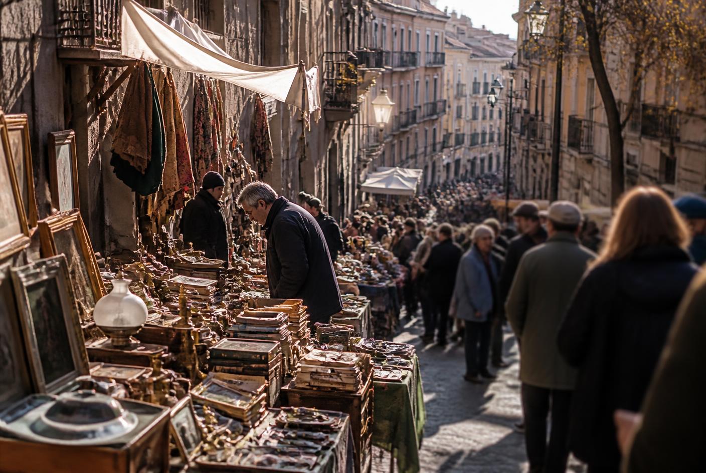 Puestos del Rastro de Madrid un domingo por la mañana con objetos antiguos y gente paseando