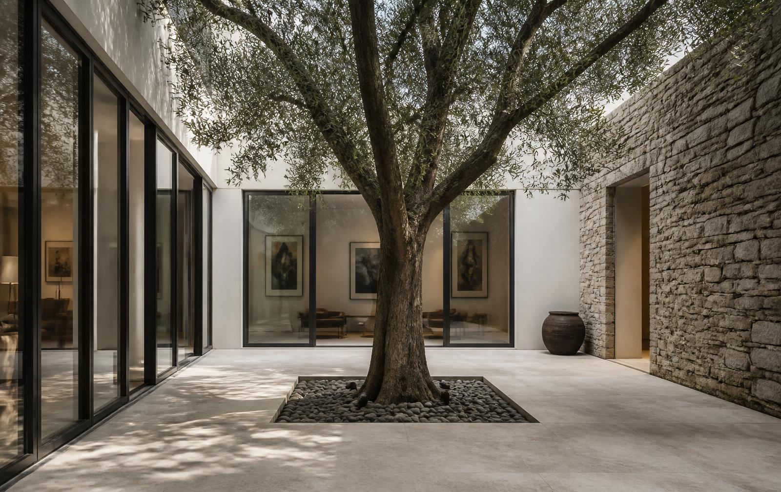 Patio interior con un olivo maduro, muros de piedra y galería acristalada bajo luz difusa