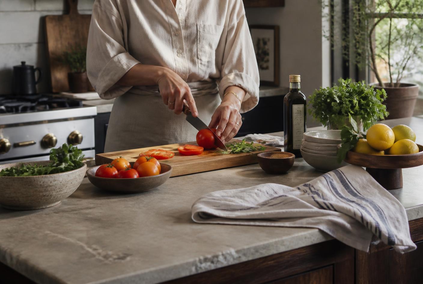 Manos cortando tomate y hierbas frescas sobre una tabla en una isla de cocina contemporánea