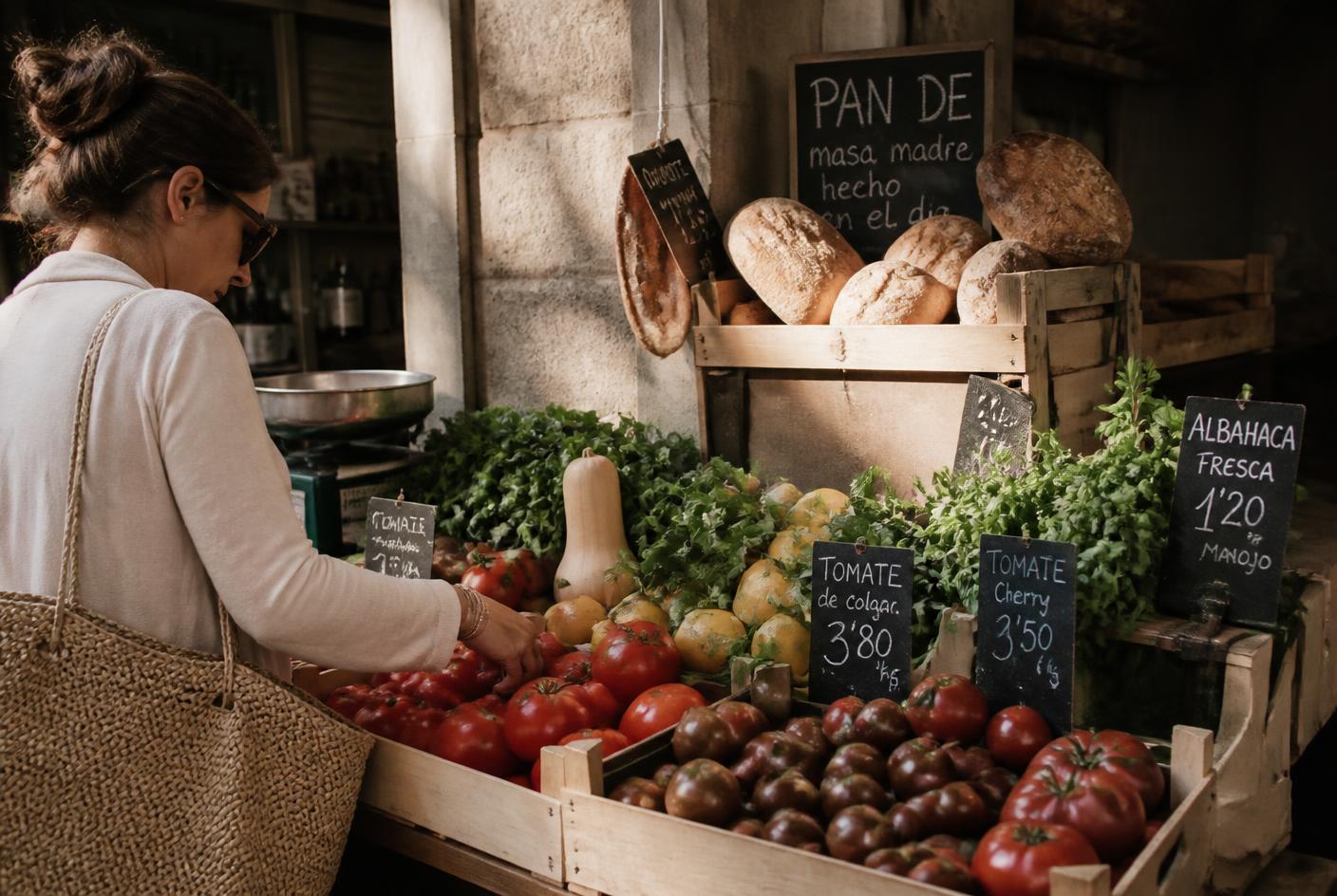 Puesto de mercado de barrio con cajas de tomates, pan de masa madre y hierbas frescas
