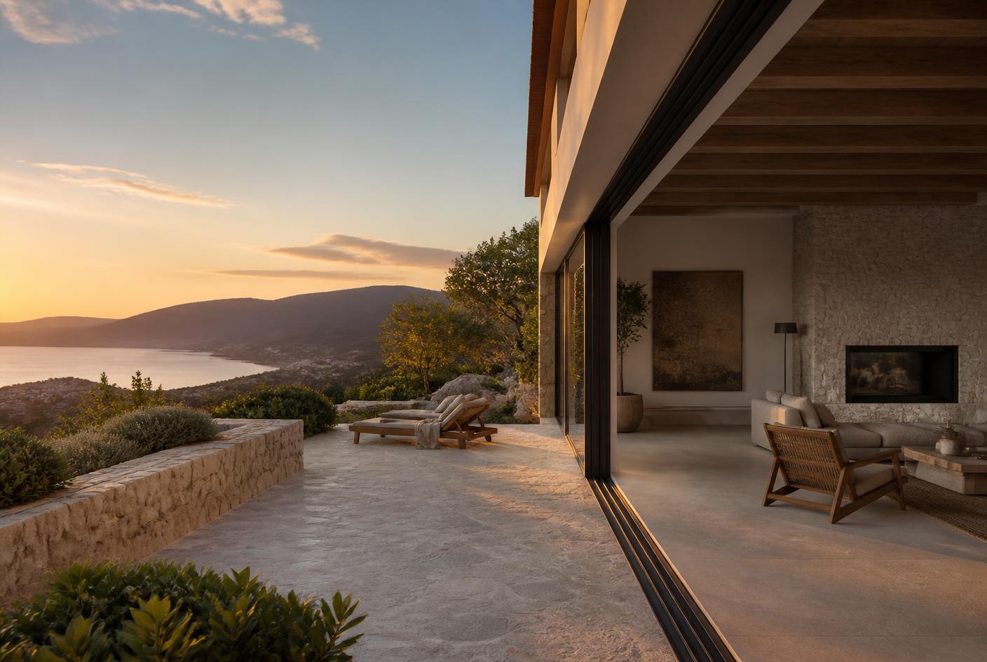 Terraza de piedra en continuidad con el salón a través de grandes correderas al atardecer