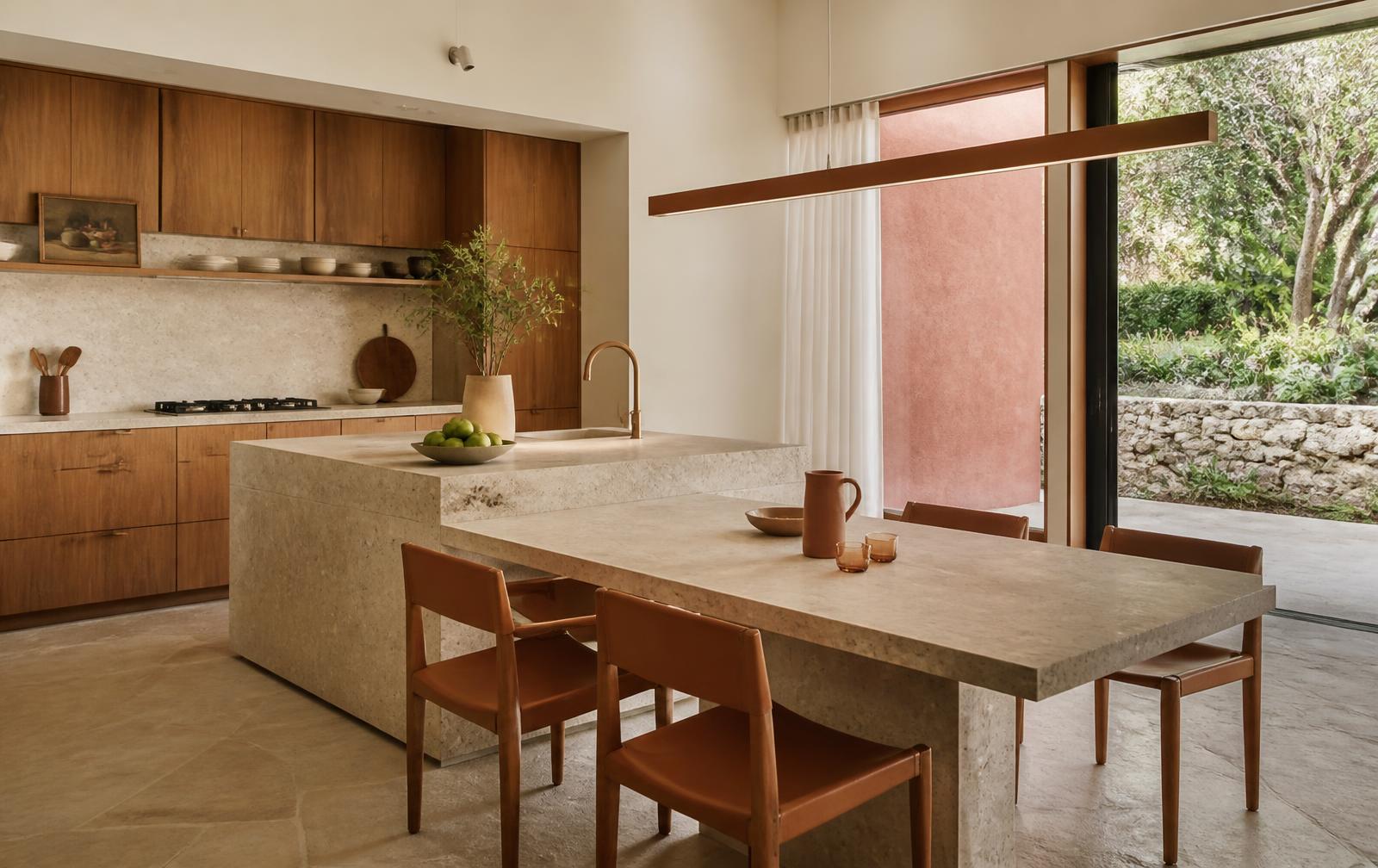 Cocina contemporánea con isla de piedra continua con la mesa, frentes de madera y apertura a un jardín