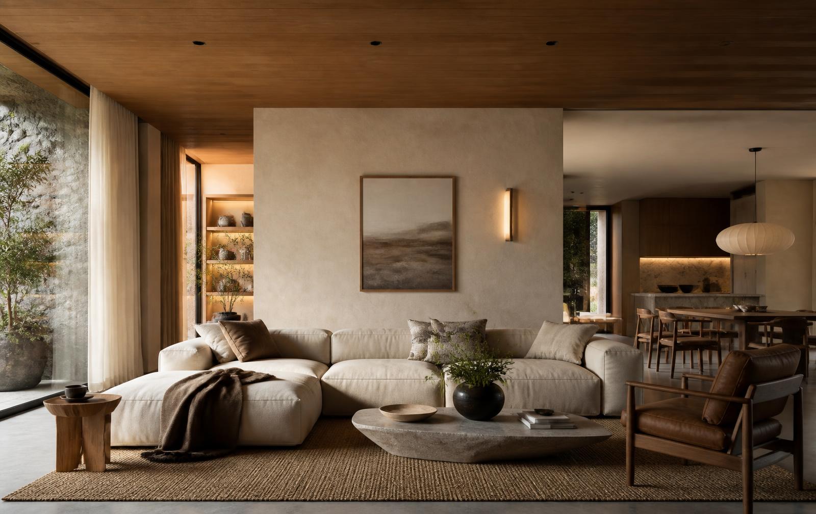 Salón contemporáneo de planta abierta con techo de madera, paredes de textura arena, sofá de lino y alfombra de fibra natural