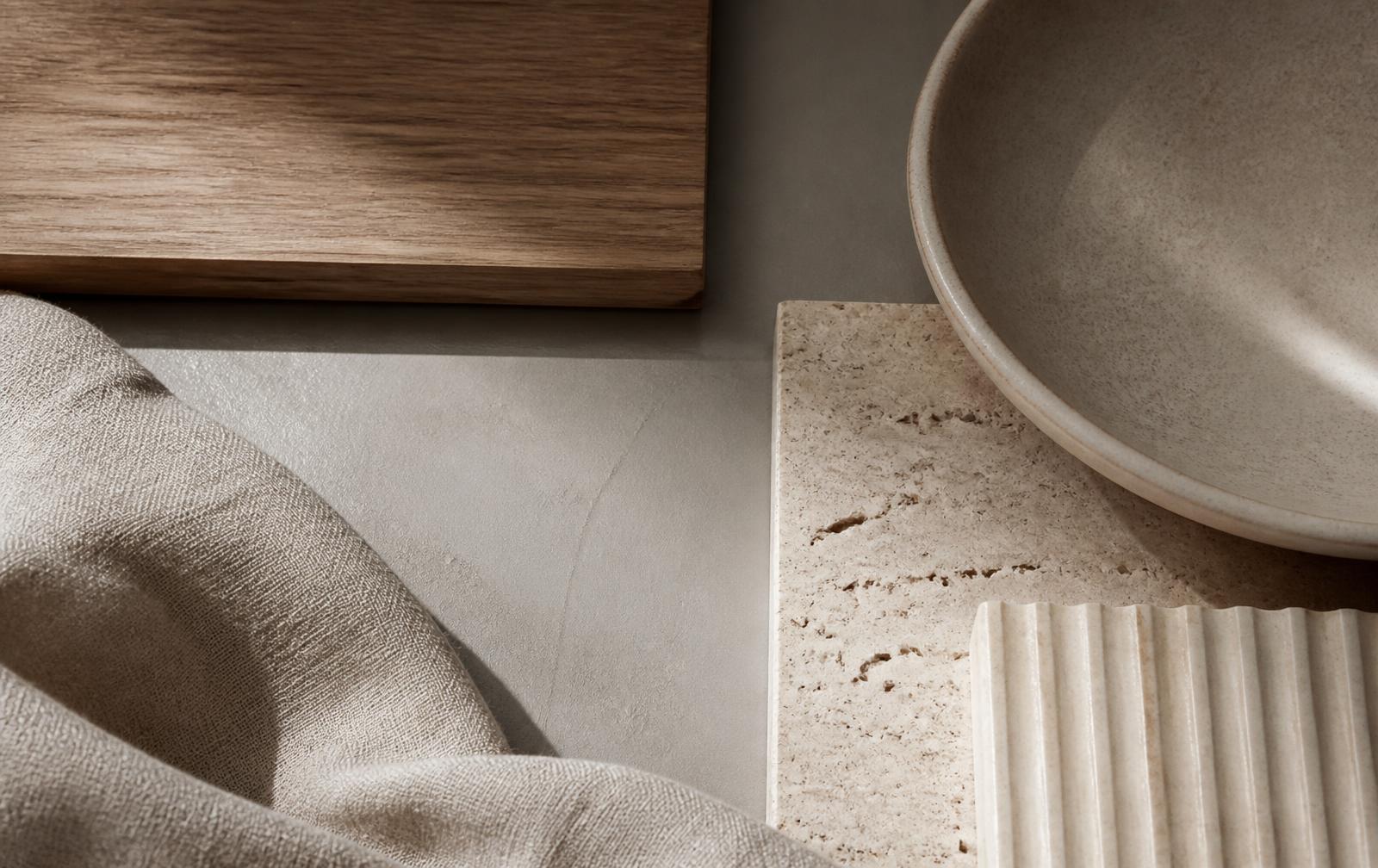 Muestras de madera de roble, microcemento cálido, lino natural, travertino y cerámica bajo luz natural
