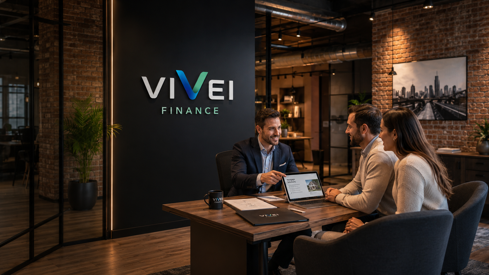 Asesor de Vivei Finance explicando una hipoteca a una pareja en oficina Vivei
