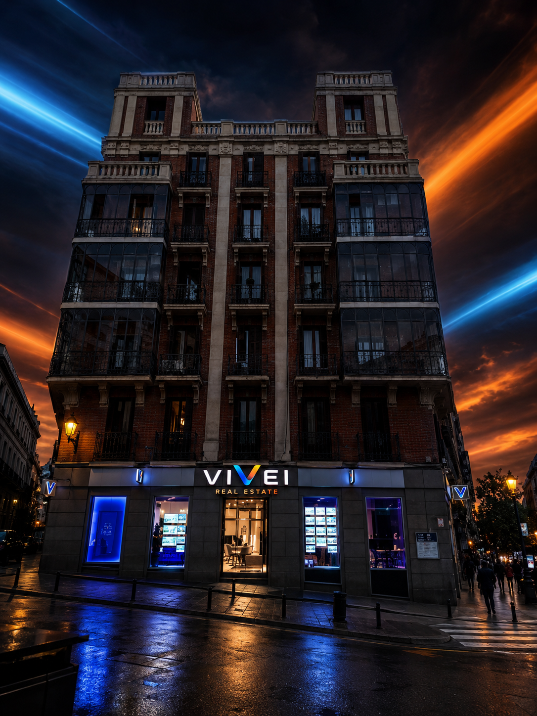Oficina Vivei Real Estate en Madrid al anochecer